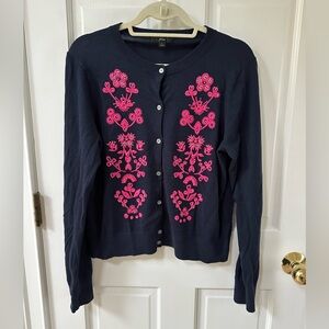 J. Crew Navy Cardigan with Pink Floral Embroidery